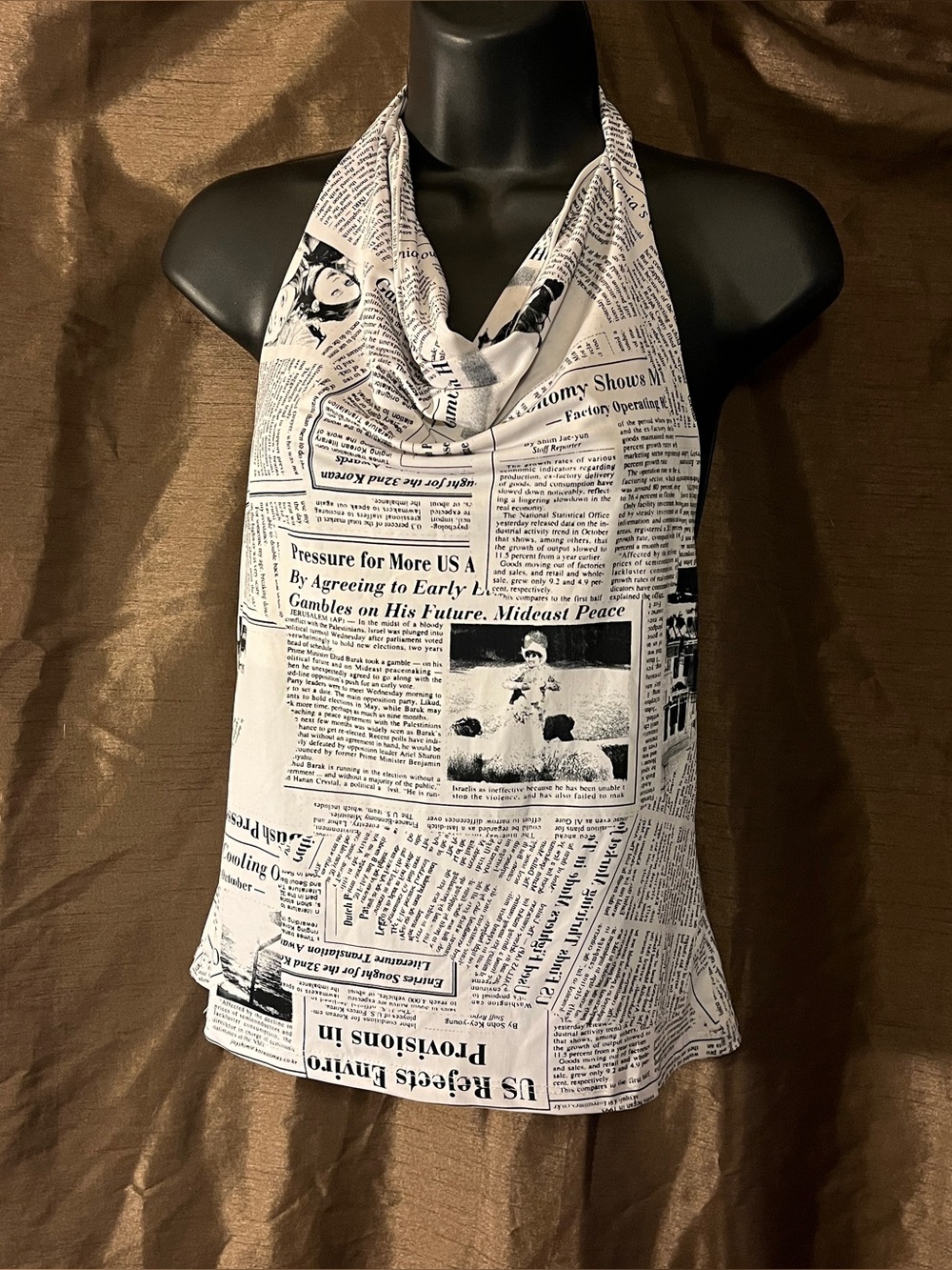 Newspaper Print Cowl Neck Halter Top - White/Black